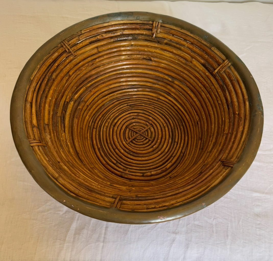 Large Bamboo Bowl with Brass Rim  - Italy 60s